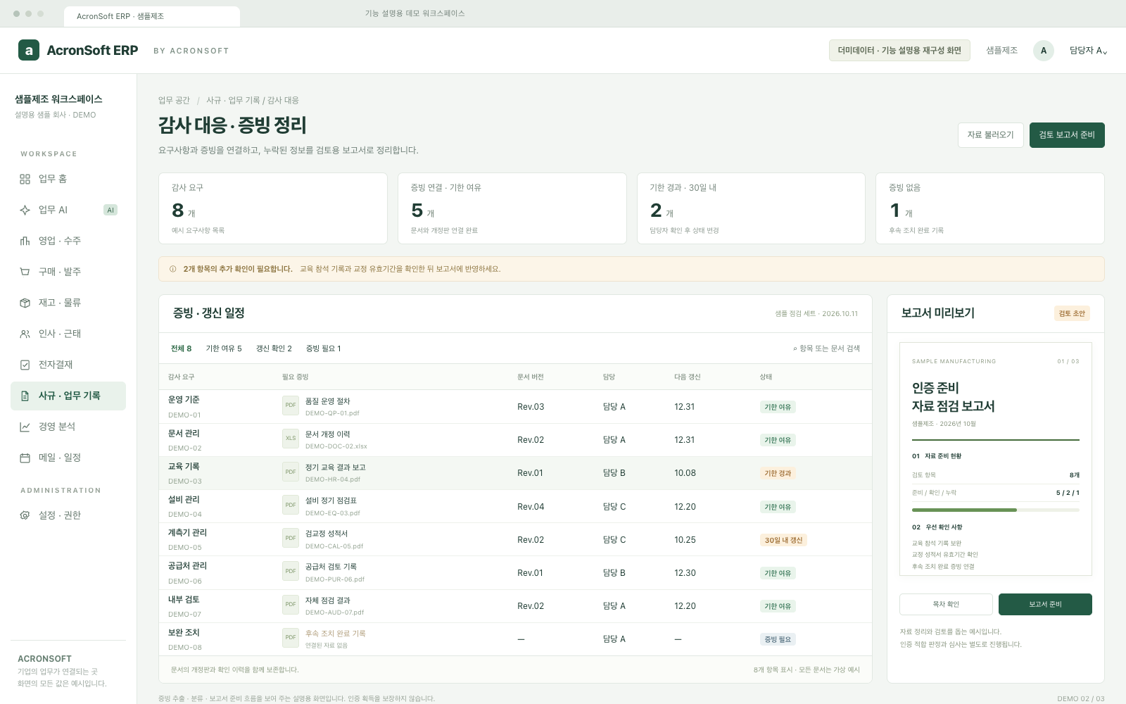 Certification evidence — fictional demo data, Korean interface